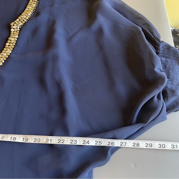 Casting Blouse - V-Neck, Jeweled Neckline, Blooming Sleeves - Blue & Silver - S - Picture 7 of 8